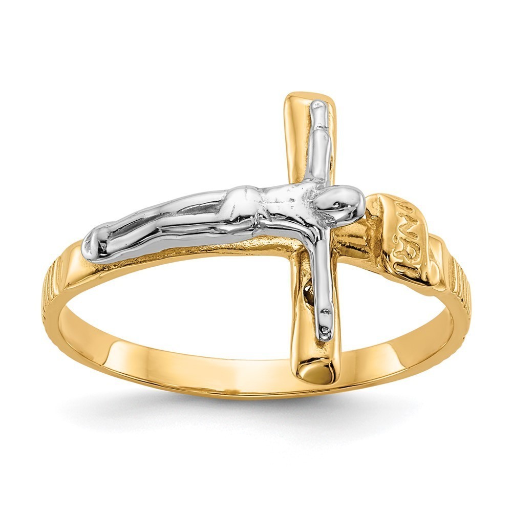 Million Charms 10k Two-tone Polished INRI Religious Crucifix Ring